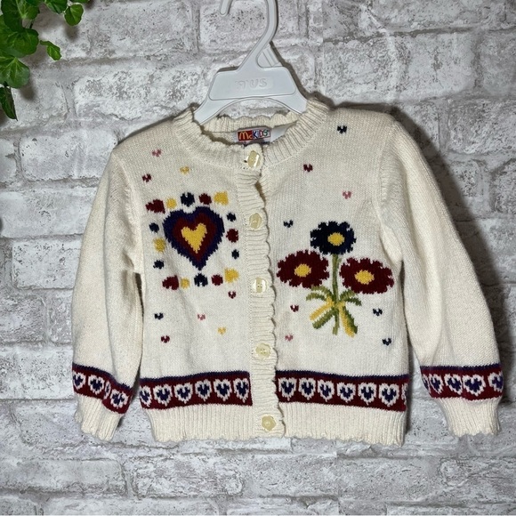 Vintage McKids Sweater Girls Sz 24 mo Flowers & Hearts Scalloped Button Cardigan - Picture 1 of 10